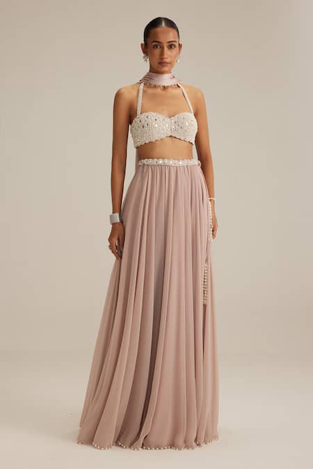 Vvani By Vani Vats_Pink Georgette Pearls, Mirrors, Embroidery, Tassels Halter Blouse And Skirt Set _Online_at_Aza_Fashions