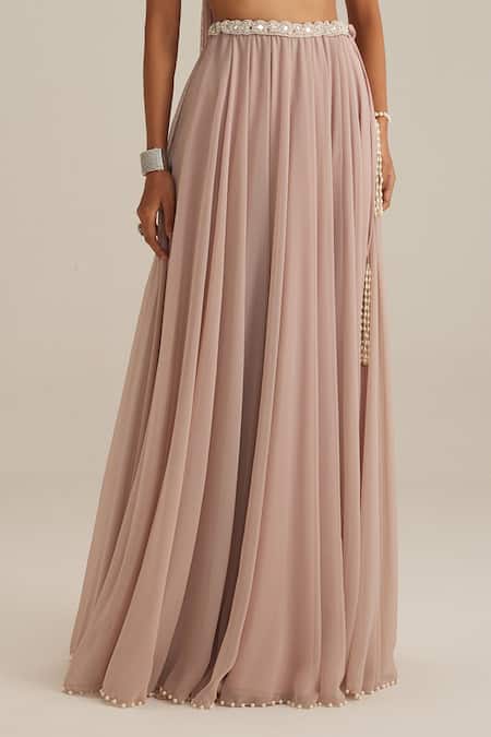 Buy_Vvani By Vani Vats_Pink Georgette Pearls, Mirrors, Embroidery, Tassels Halter Blouse And Skirt Set _Online_at_Aza_Fashions