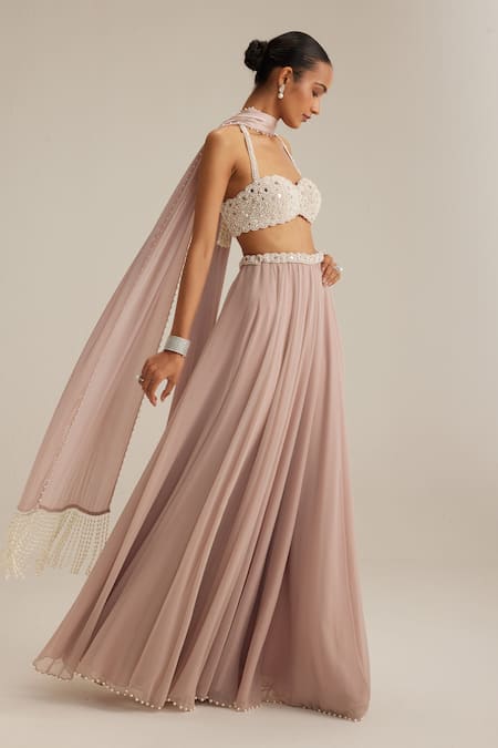Vvani By Vani Vats_Pink Georgette Pearls, Mirrors, Embroidery, Tassels Halter Blouse And Skirt Set _at_Aza_Fashions