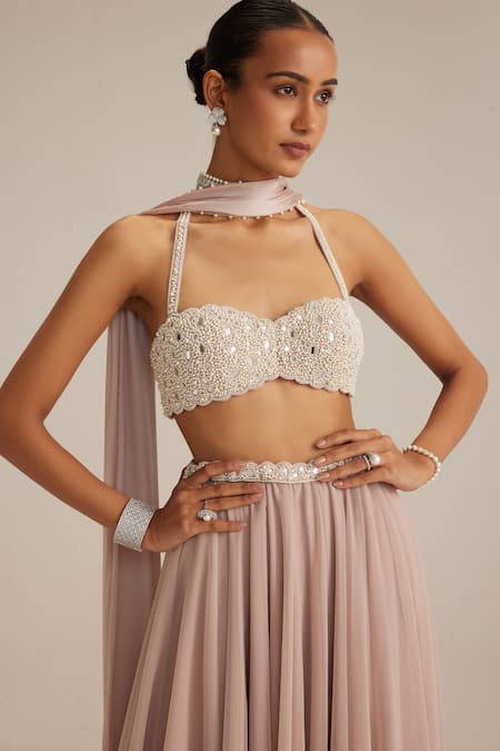 Buy_Vvani By Vani Vats_Pink Georgette Pearls, Mirrors, Embroidery, Tassels Halter Blouse And Skirt Set 