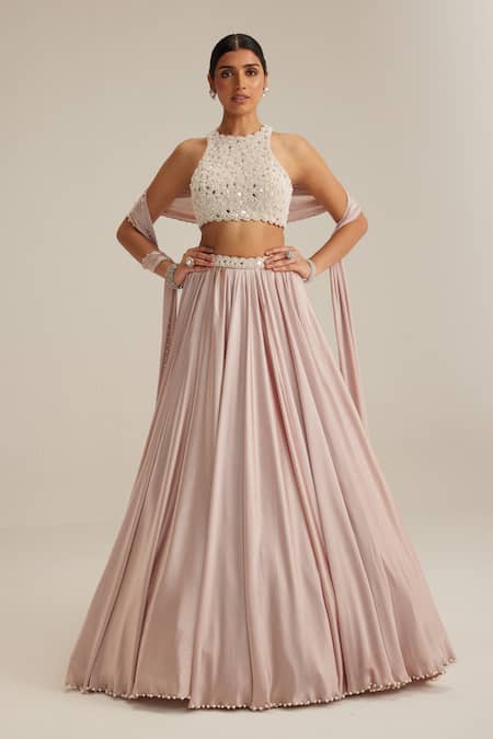 Vvani By Vani Vats Ash Pink Satin Skirt Set 