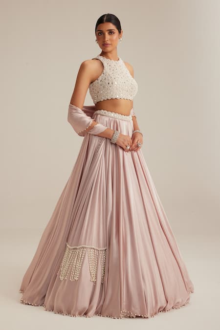 Buy_Vvani By Vani Vats_Pink Satin, Georgette Beads, Mirrors, Embroidery, Pearls Ash Skirt Set _Online_at_Aza_Fashions