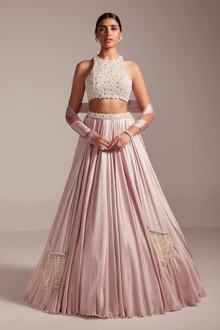 Buy_Vvani By Vani Vats_Pink Satin, Georgette Beads, Mirrors, Embroidery, Pearls Ash Skirt Set 