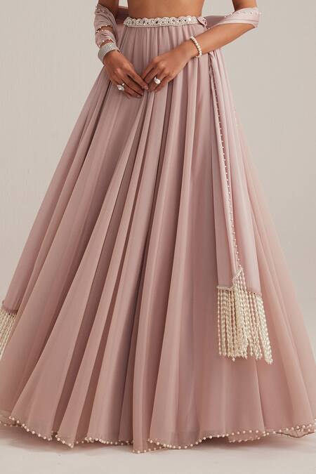 Vvani By Vani Vats Pink Georgette Pearls, Mirrors, Embroidery, Tassels And Work Blouse Skirt Set Online at Aza Fashions Vvani By Vani Vats_Pink Georgette Pearls, Mirrors, Embroidery, Tassels And Work Blouse Skirt Set _Online_at_Aza_Fashions