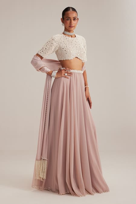 Buy Vvani By Vani Vats Pink Georgette Pearls, Mirrors, Embroidery, Tassels And Work Blouse Skirt Set Online at Aza Fashions Buy_Vvani By Vani Vats_Pink Georgette Pearls, Mirrors, Embroidery, Tassels And Work Blouse Skirt Set _Online_at_Aza_Fashions