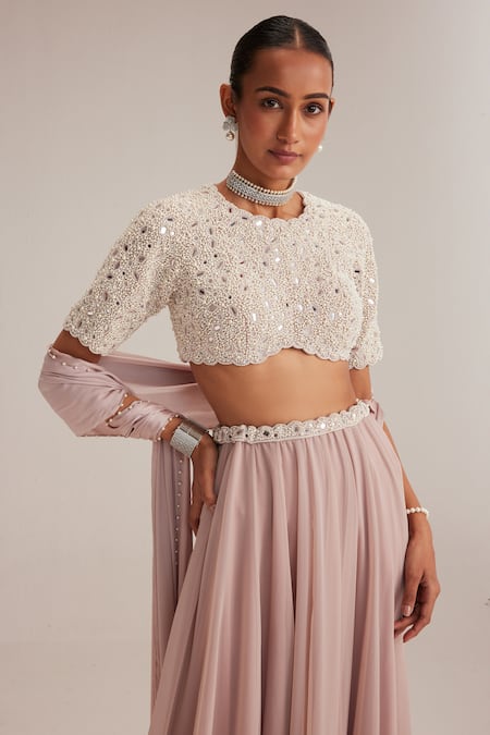 Shop Vvani By Vani Vats Pink Georgette Pearls, Mirrors, Embroidery, Tassels And Work Blouse Skirt Set Online at Aza Fashions Shop_Vvani By Vani Vats_Pink Georgette Pearls, Mirrors, Embroidery, Tassels And Work Blouse Skirt Set _Online_at_Aza_Fashions