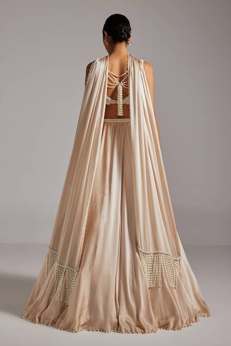 Vvani By Vani Vats Light Beige V Neck Blouse & Satin Skirt Set 