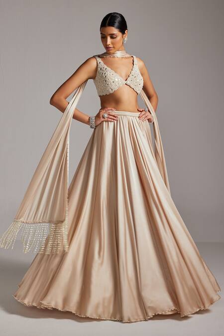 Buy_Vvani By Vani Vats_Beige Satin, Georgette Pearls, Beads, Mirrors Light V Blouse And Skirt Set _Online_at_Aza_Fashions