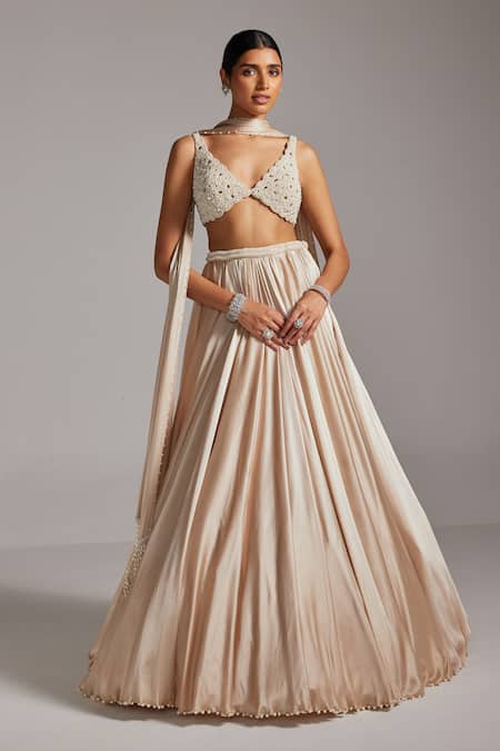 Shop_Vvani By Vani Vats_Beige Satin, Georgette Pearls, Beads, Mirrors Light V Blouse And Skirt Set _Online_at_Aza_Fashions