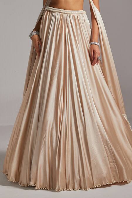 Buy_Vvani By Vani Vats_Beige Satin, Georgette Pearls, Beads, Mirrors Light V Blouse And Skirt Set 