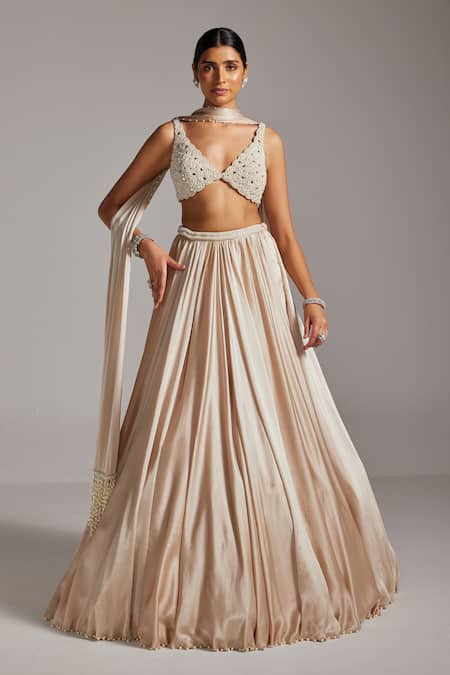 Vvani By Vani Vats Light Beige V Neck Blouse & Satin Skirt Set 