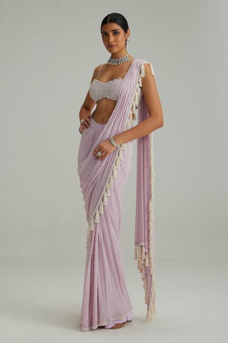 Vvani By Vani Vats_Lavender Georgette Mirrors, Pearls, Tassels, Embroidery Draped Saree With Blouse _Online_at_Aza_Fashions