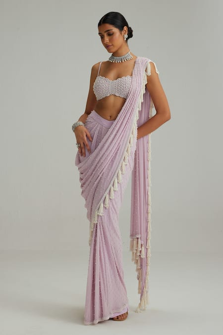 Buy_Vvani By Vani Vats_Lavender Georgette Mirrors, Pearls, Tassels, Embroidery Draped Saree With Blouse _Online_at_Aza_Fashions