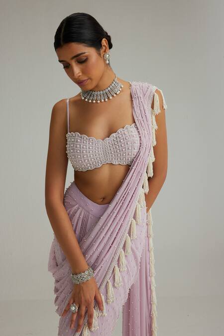 Vvani By Vani Vats_Lavender Georgette Mirrors, Pearls, Tassels, Embroidery Draped Saree With Blouse _at_Aza_Fashions