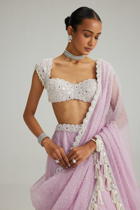 Vvani By Vani Vats_Lavender Organza, Georgette Mirrors, Pearls, Embroidery, And Work Lehenga Set _Online_at_Aza_Fashions