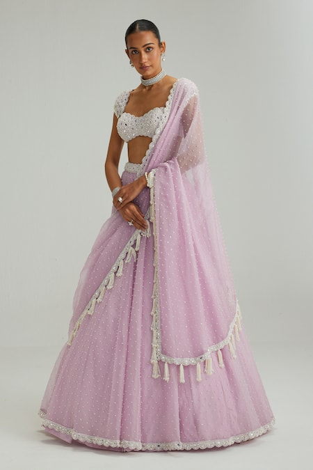 Vvani By Vani Vats_Lavender Organza, Georgette Mirrors, Pearls, Embroidery, And Work Lehenga Set _at_Aza_Fashions