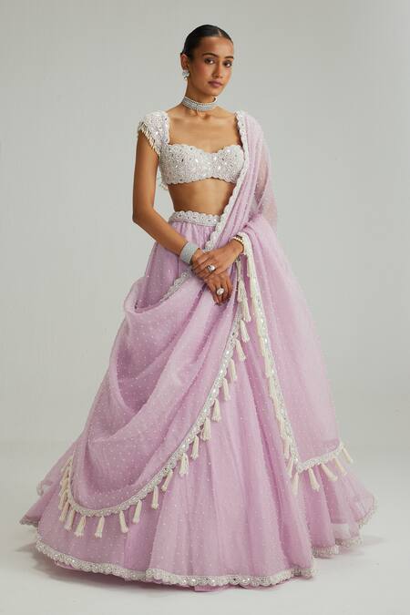 Buy_Vvani By Vani Vats_Lavender Organza, Georgette Mirrors, Pearls, Embroidery, And Work Lehenga Set 