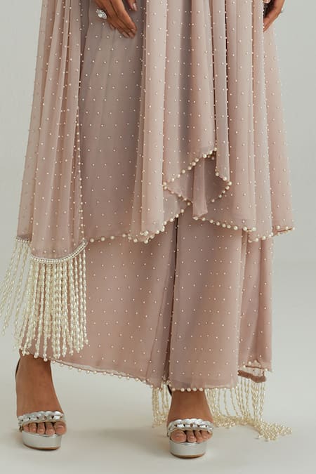 Buy_Vvani By Vani Vats_Pink Georgette Mirrors, Pearls, Embroidery, Fringe Ash Kurta Pant Set _Online_at_Aza_Fashions