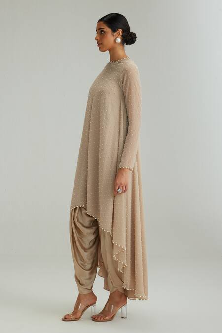 Buy_Vvani By Vani Vats_Beige Georgette, Satin, Modal Pearls Round Neck Light Kurta Set _Online_at_Aza_Fashions