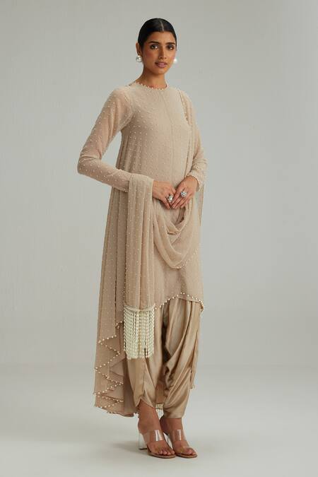 Vvani By Vani Vats_Beige Georgette, Satin, Modal Pearls, Tassels Round Light Kurta With Stole Set _Online_at_Aza_Fashions