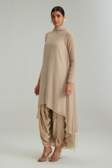 Buy_Vvani By Vani Vats_Beige Georgette, Satin, Modal Pearls, Tassels Round Light Kurta With Stole Set _Online_at_Aza_Fashions