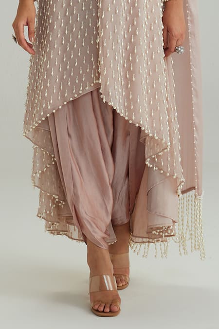 Vvani By Vani Vats Pink Georgette, Satin, Modal Beads, Pearls High Neck Ash Drop Kurta Set Online at Aza Fashions Vvani By Vani Vats_Pink Georgette, Satin, Modal Beads, Pearls High Neck Ash Drop Kurta Set _Online_at_Aza_Fashions