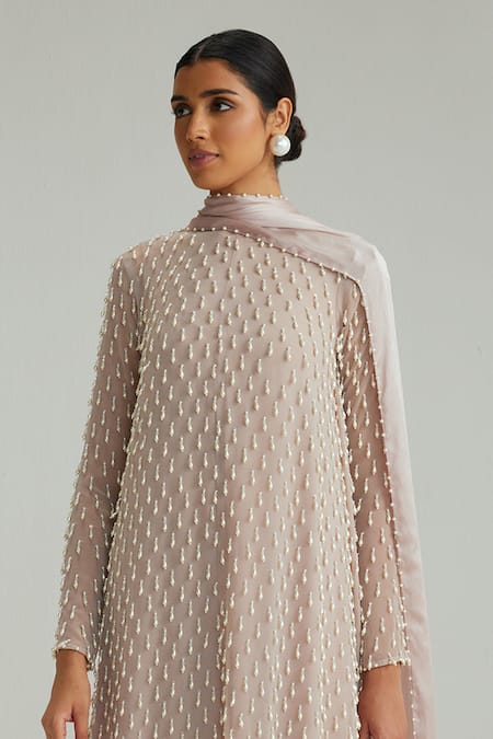 Shop Vvani By Vani Vats Pink Georgette, Satin, Modal Beads, Pearls High Neck Ash Drop Kurta Set Online at Aza Fashions Shop_Vvani By Vani Vats_Pink Georgette, Satin, Modal Beads, Pearls High Neck Ash Drop Kurta Set _Online_at_Aza_Fashions