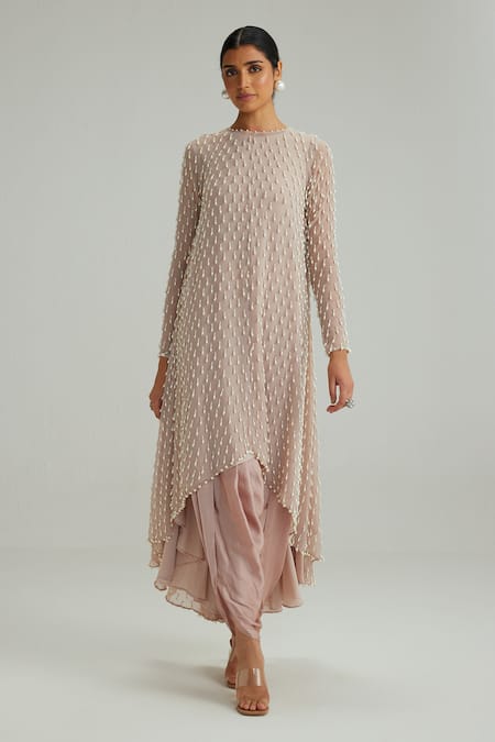 Vvani By Vani Vats_Pink Georgette, Satin, Modal Pearls Round Neck Ash Drop Kurta Set _Online_at_Aza_Fashions