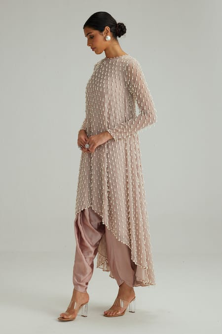 Buy_Vvani By Vani Vats_Pink Georgette, Satin, Modal Pearls Round Neck Ash Drop Kurta Set _Online_at_Aza_Fashions