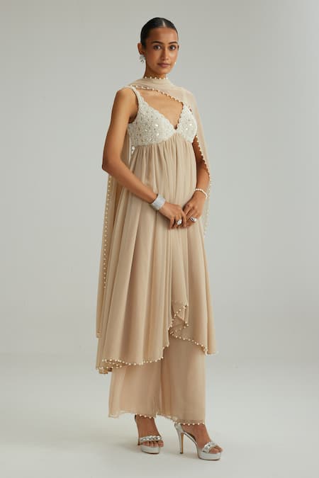 Shop_Vvani By Vani Vats_Beige Georgette Mirrors, Pearls, Embroidery V-neck Light Kurta Set _Online_at_Aza_Fashions