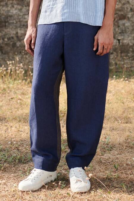 Saphed_Blue Linen Color Block Panelled Pant _Online_at_Aza_Fashions