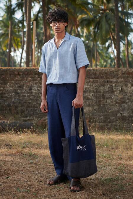 Shop_Saphed_Blue Linen Color Block Panelled Pant _Online_at_Aza_Fashions