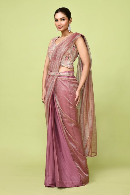 Shop_Sayisha_Pink Chinon, Tissue, Net Zari, Draped Saree With Floral Pattern Blouse _Online_at_Aza_Fashions