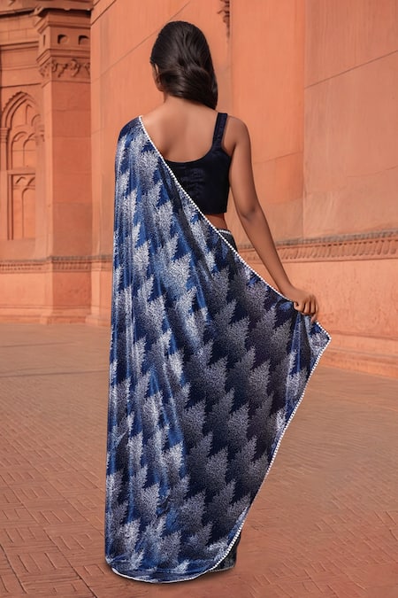 Shop_Naintara Bajaj_Blue Chinon Scoop Neck Abstract Print Pre-draped Saree With Blouse _Online_at_Aza_Fashions