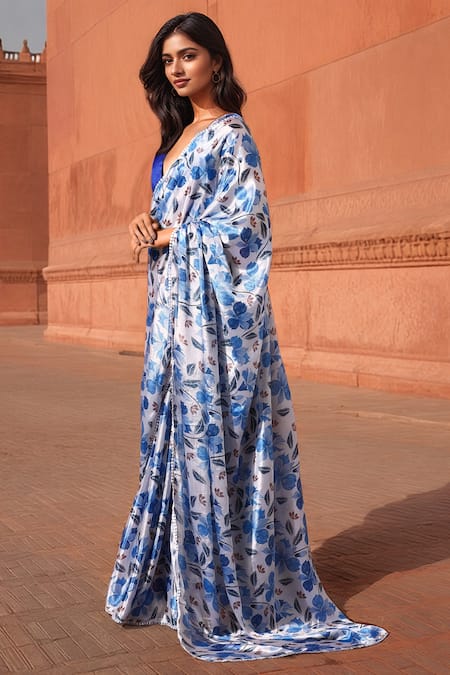 Shop_Naintara Bajaj_White Chinon Pom-poms V-neck Floral Print Pre-draped Saree With Blouse _Online_at_Aza_Fashions