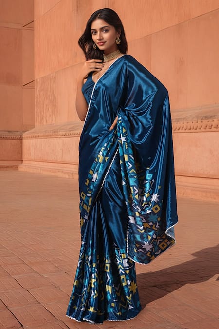 Shop_Naintara Bajaj_Teal Chinon V-neck Geometric Print Pre-draped Saree With Blouse _Online_at_Aza_Fashions