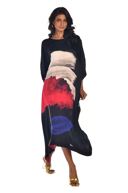 ISADAA BY ROTNA DUTT_Black Georgette Foil Printing Round Digital Printed Kaftan With Satin Border _Online_at_Aza_Fashions