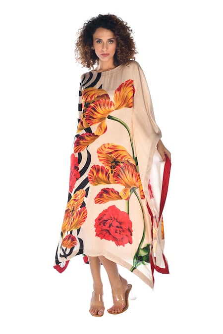 ISADAA BY ROTNA DUTT_Multi Color Georgette Foil Printing Digital Printed Kaftan With Satin Border _Online_at_Aza_Fashions