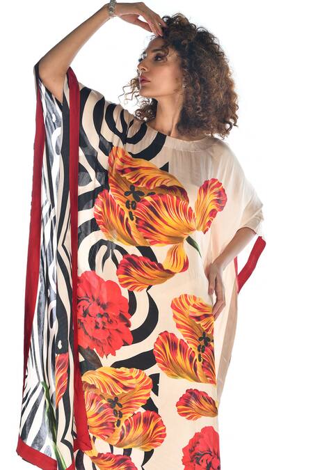 Buy_ISADAA BY ROTNA DUTT_Multi Color Georgette Foil Printing Digital Printed Kaftan With Satin Border _Online_at_Aza_Fashions