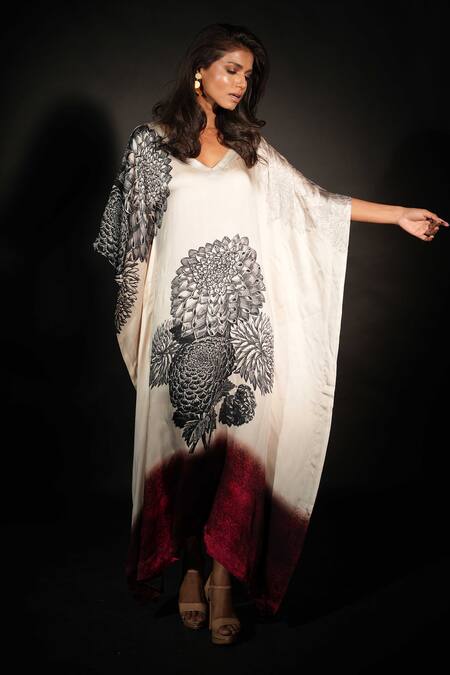 ISADAA BY ROTNA DUTT_White Satin, Georgette V-neck Digital Printed Kaftan With Border _Online_at_Aza_Fashions