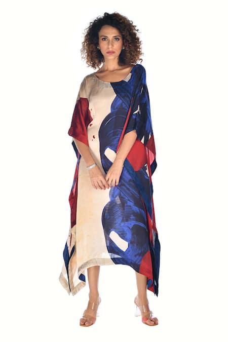 ISADAA BY ROTNA DUTT_White Georgette, Satin Round Neck Digital Printed Kaftan With Border _Online_at_Aza_Fashions