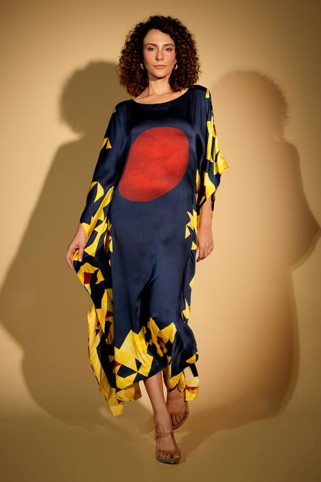 ISADAA BY ROTNA DUTT_Blue Satin, Georgette Foil Printing Boat Neck Digital Kaftan With Border _Online_at_Aza_Fashions