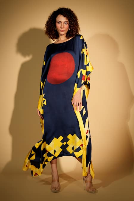 Buy_ISADAA BY ROTNA DUTT_Blue Satin, Georgette Foil Printing Boat Neck Digital Kaftan With Border _Online_at_Aza_Fashions