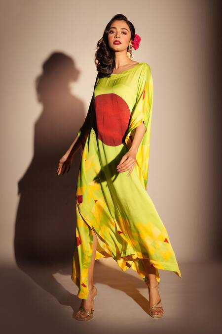 ISADAA BY ROTNA DUTT_Green Georgette Boat Neck Digital Print Satin Kaftan _Online_at_Aza_Fashions