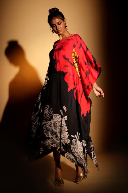 ISADAA BY ROTNA DUTT_Black Satin, Georgette Foil Printing Boat Digital Printed Kaftan With Border _Online_at_Aza_Fashions