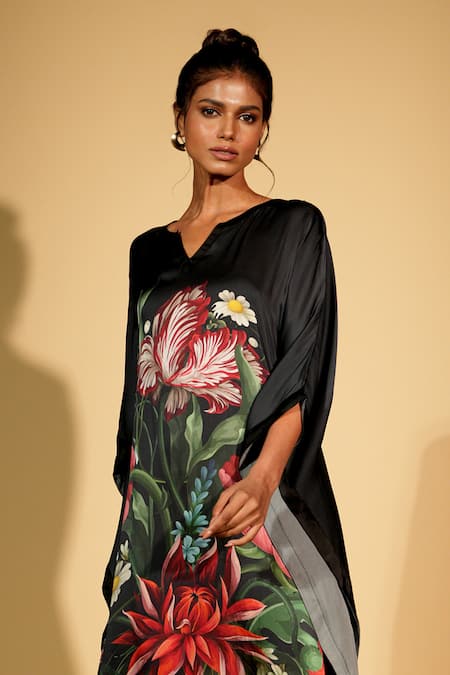 ISADAA BY ROTNA DUTT_Black Satin, Georgette V-neck Digital Printed Kaftan With Border _Online_at_Aza_Fashions