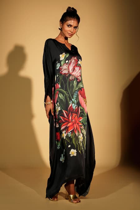 Shop_ISADAA BY ROTNA DUTT_Black Satin, Georgette V-neck Digital Printed Kaftan With Border _Online_at_Aza_Fashions