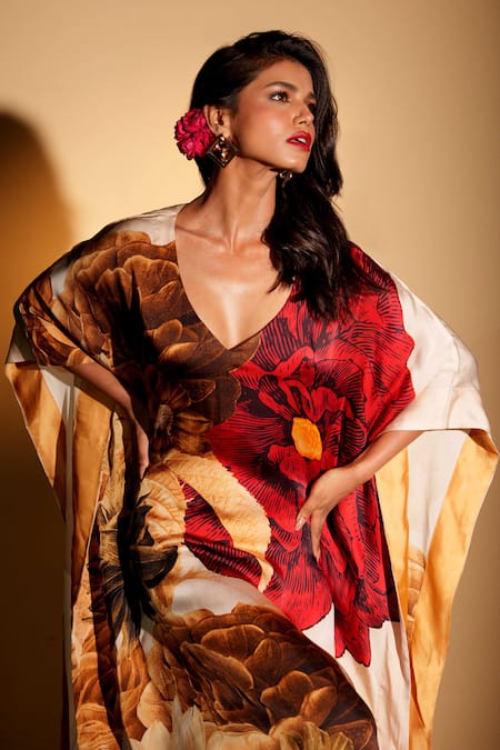 ISADAA BY ROTNA DUTT_Beige Georgette, Satin Foil Printing V-neck Digital Printed Kaftan With Border _Online_at_Aza_Fashions