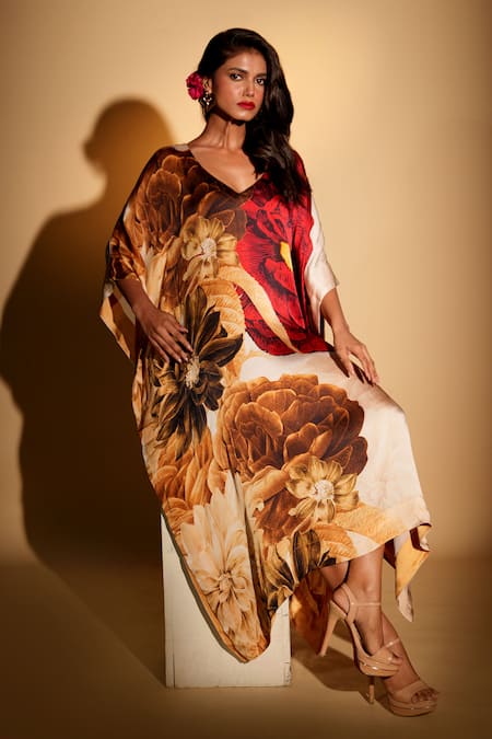 Shop_ISADAA BY ROTNA DUTT_Beige Georgette, Satin Foil Printing V-neck Digital Printed Kaftan With Border _Online_at_Aza_Fashions