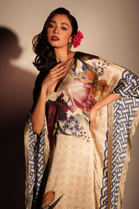 ISADAA BY ROTNA DUTT_Beige Georgette Foil Printing V-neck Digital Printed Kaftan With Satin Border _Online_at_Aza_Fashions